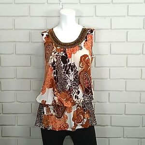 Jennie & Marlis Floral/Animal Print Beaded Top. Sz Small